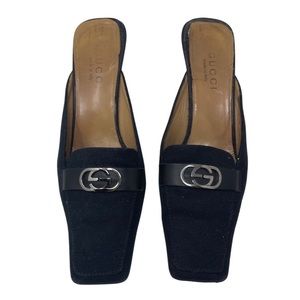 Gucci Vintage black duck square toe heel mules with silver GG logo 7.5